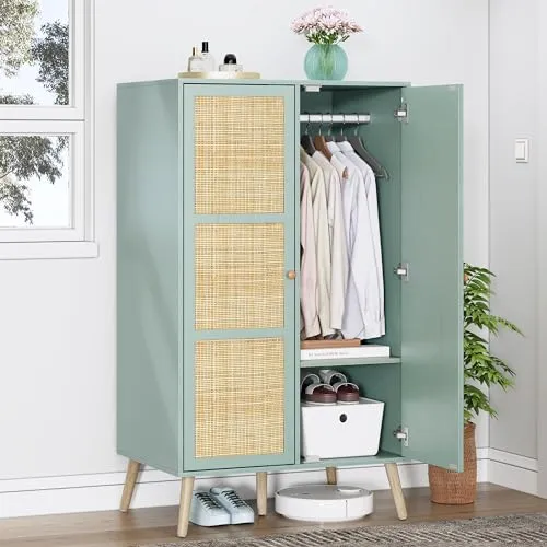 Brafab 55" Mid Century Vintage Armoire Wardrobe Closet with Natural Rattan Doors, Compact Wooden Boho Armoires and Wardrobes with Hanging Rod and Shelves, Big Storage Cabinet for Bedroom
