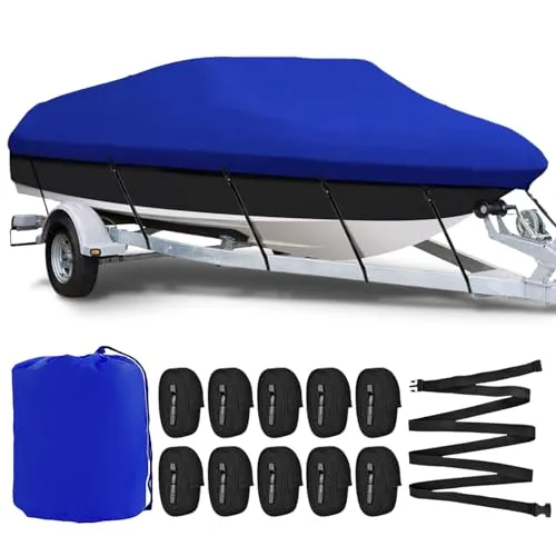 Boat Cover, 16-18.5ft Waterproof Trailerable Boat Cover with Buckle Straps, 600D PU Heavy Duty Nautical Grade Cover for V-Hull, Bass Boat, Runabout Boat, Fishing Boat, Ski Boat, Blue