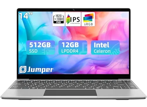 jumper Laptop, 12GB DDR4 RAM 512GB SSD, 14 Inch 1080p FHD IPS Screen, Quad-Core Celeron Processor, UHD Graphics 600, Windows 11 Computer with Dual Stereo Speakers, 5G WiFi, Type-C, HD Webcam.