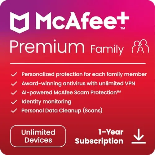 McAfee+ Premium Family Plan, 2024 | Unlimited Devices | Identity and Privacy Protection Software includes Unlimited Secure VPN, Identity Monitoring, Password Manager and Antivirus | Download