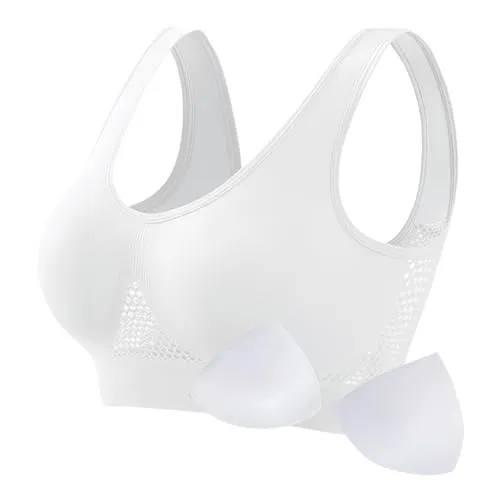 Womens Breathable Cool Lift Up Air Bra, 2024 Mesh Sports Bra Full Support Sport Bra Seamless Wireless Padded No Underwire Bra(C#White,X-Large)