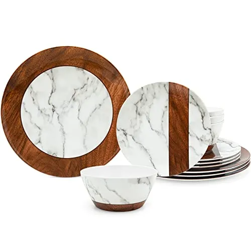 LEHAHA Rustic Modern Melamine Dinnerware Sets, Marble 12-Piece Lightweight Outdoor Plates and Bowls Sets, Unbreakable Wood Patterns Dishes Dinnerware Set, Service for 4…