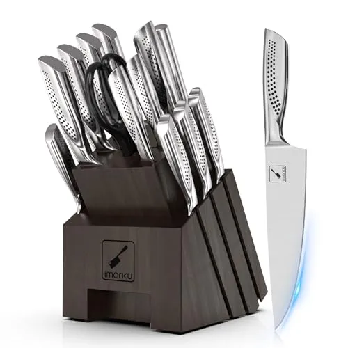 imarku Knife Set, 16PCS Kitchen Knife Set with Block High Carbon Stainless Steel Ultra Sharp Knife Block Set, Japanese Knife Set with Dotted Non-slip Ergonomic Handle, Dishwaher Safe