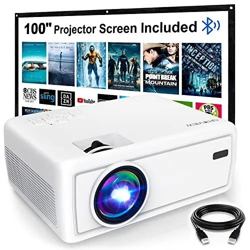 Mini Bluetooth Projector, GROVIEW Outdoor Movie Projector with 100'' Projector Screen, 1080P HD Supported Portable Projector, Compatible with Fire Stick, HDMI, VGA, USB, TVBox, Laptop, DVD