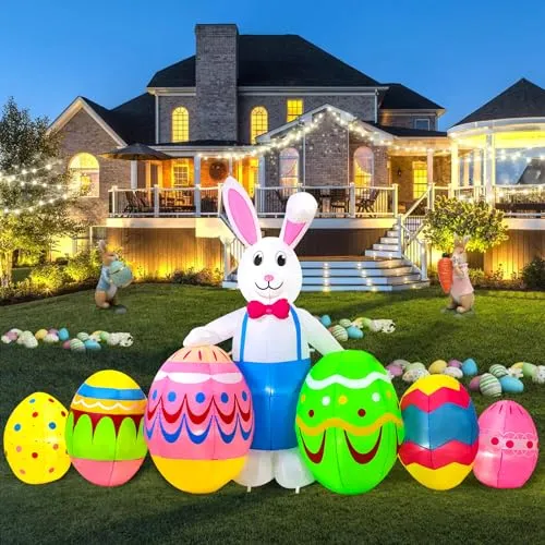 SHDEJTG 12 Ft Long Easter Inflatable Outdoor Decoration, Colorful Easter Bunny Eggs Blow Ups Yard Decoration LED Lights Décor for Holiday Party Garden Lawn