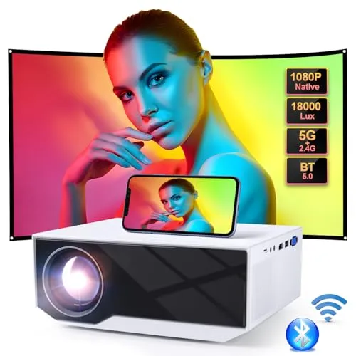 Projector with Wifi and Bluetooth, Native 1080P 18000 Lumens Mini Projector, Portable Projector Video Projector Compatible with iOS/Android/TV Stick/PS4/HDMI/PPT/USB(White)