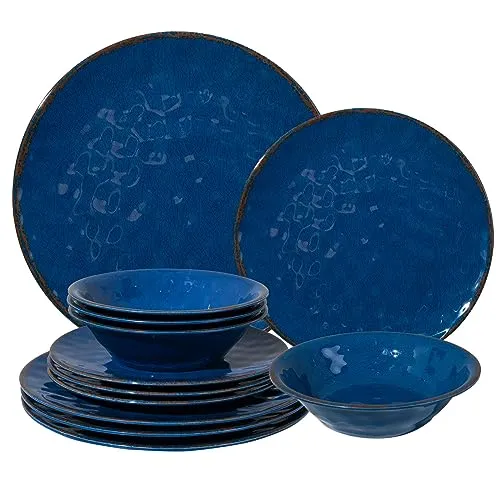 LEHAHA Melamine Dinnerware Sets - BPA Free Dishwasher Safe Plates and Bowls Set for Casual Dining Indoor and Outdoor Parties, Unbreakable Kitchen Dishes Set, Service for 4, Blue