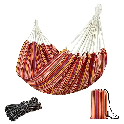 JoyView Brazilian Hammock for Single Preson Portable Hammock with Hanging Ropes & Carry Bag Large 78.8x39.4” Cotton Hammock for Patio 300LBS Capacity Perfect for Outdoor/Indoor - Red Stripe